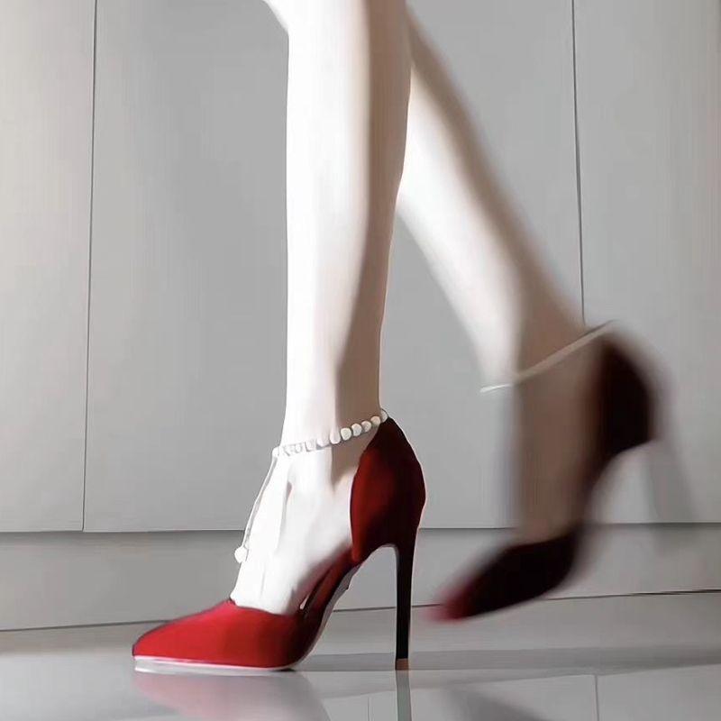 French Wine Red Suede Pearl Stiletto Heels – Bridal Closed Toe Xiuhe Wedding Shoes