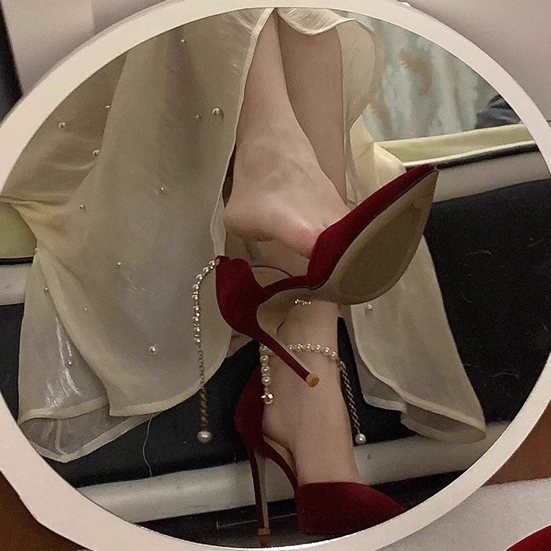 French Wine Red Suede Pearl Stiletto Heels – Bridal Closed Toe Xiuhe Wedding Shoes