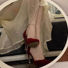 French Wine Red Suede Pearl Stiletto Heels – Bridal Closed Toe Xiuhe Wedding Shoes