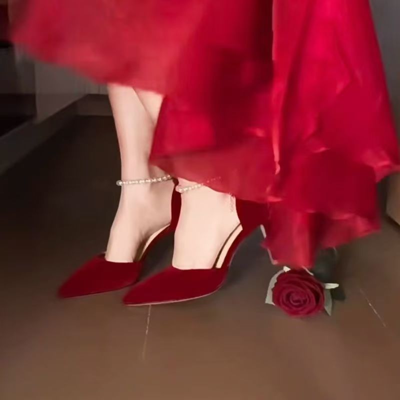 French Wine Red Suede Pearl Stiletto Heels – Bridal Closed Toe Xiuhe Wedding Shoes