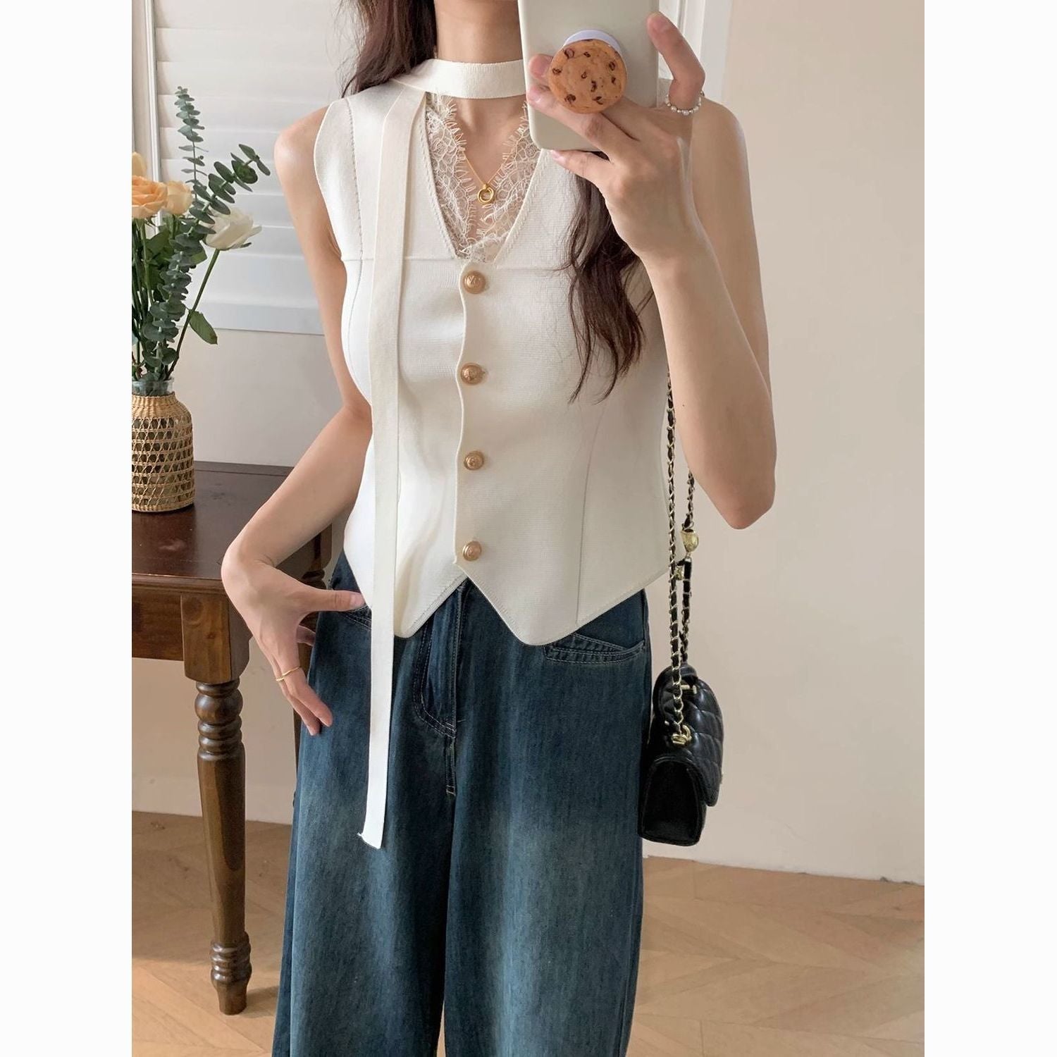 French Irregular Sleeveless Knit Cardigan – Lace Stitching Cropped Top for Women