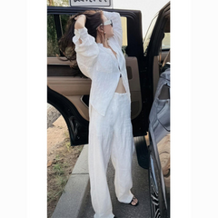 Elegant Plus Size White Two-Piece Set – Flattering Shirt & Pants for Women