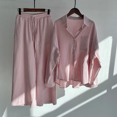 Vintage Plus Size Cotton Linen Two-Piece Set – Women's High-Waist Shirt & Wide-Leg Pants