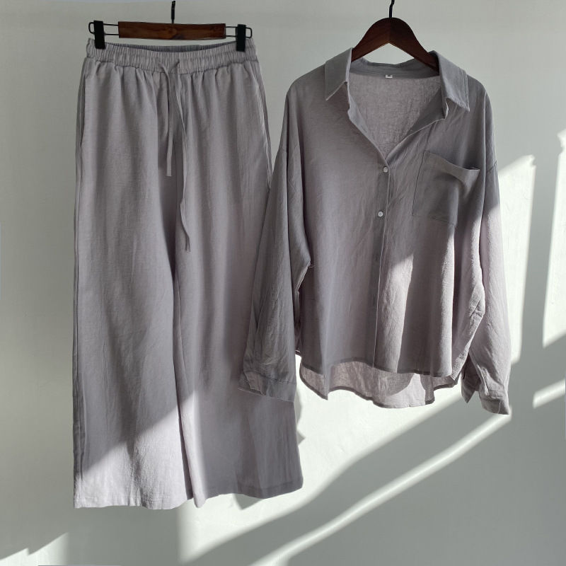 Vintage Plus Size Cotton Linen Two-Piece Set – Women's High-Waist Shirt & Wide-Leg Pants