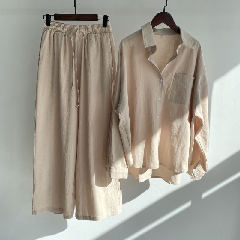 Vintage Plus Size Cotton Linen Two-Piece Set – Women's High-Waist Shirt & Wide-Leg Pants