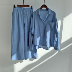 Vintage Plus Size Cotton Linen Two-Piece Set – Women's High-Waist Shirt & Wide-Leg Pants