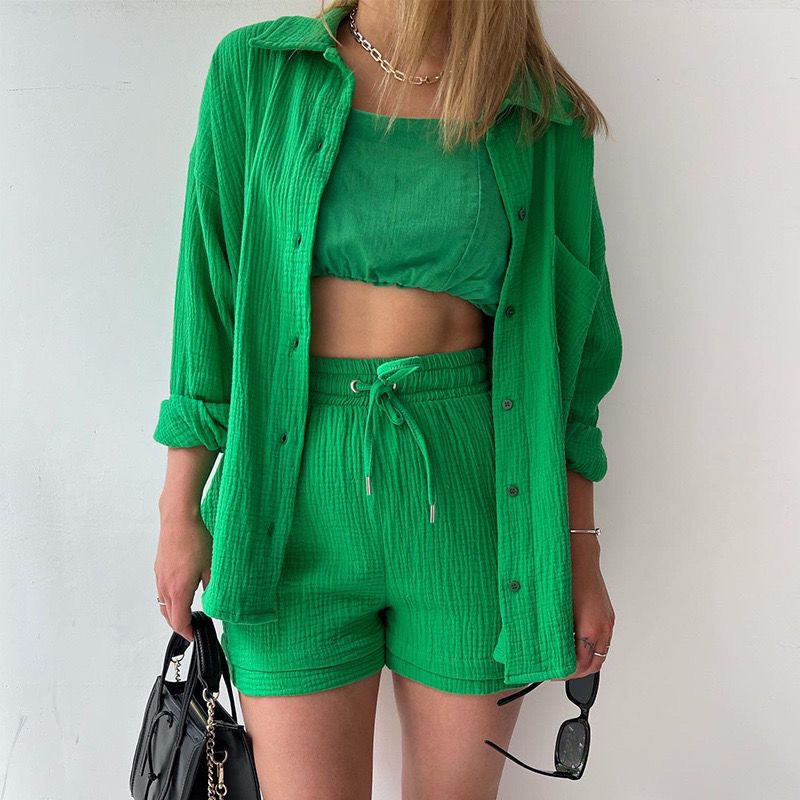 Trendy Women’s Crinkle Shirt & Drawstring Shorts Set – Long Sleeve Lapel Top + High-Waist Two-Piece