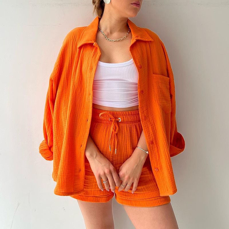 Trendy Women’s Crinkle Shirt & Drawstring Shorts Set – Long Sleeve Lapel Top + High-Waist Two-Piece