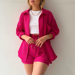 Trendy Women’s Crinkle Shirt & Drawstring Shorts Set – Long Sleeve Lapel Top + High-Waist Two-Piece