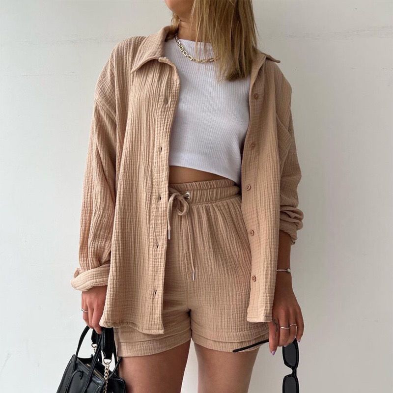 Trendy Women’s Crinkle Shirt & Drawstring Shorts Set – Long Sleeve Lapel Top + High-Waist Two-Piece