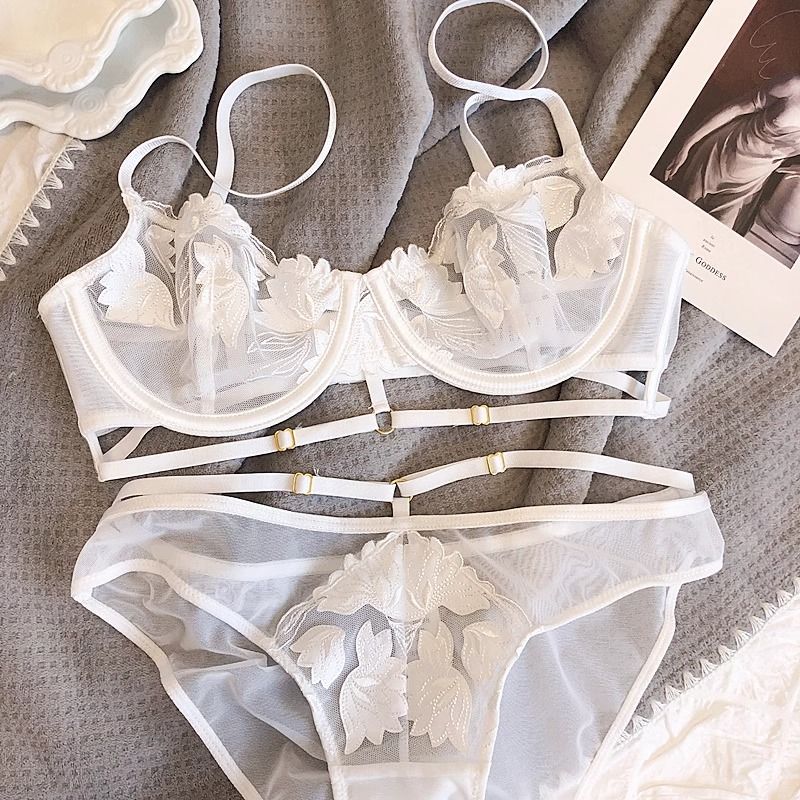 French Embroidered Mesh Lace-Up Ultra-Thin Push-Up Bra Set – Large Bust Minimizing, Soft Underwire