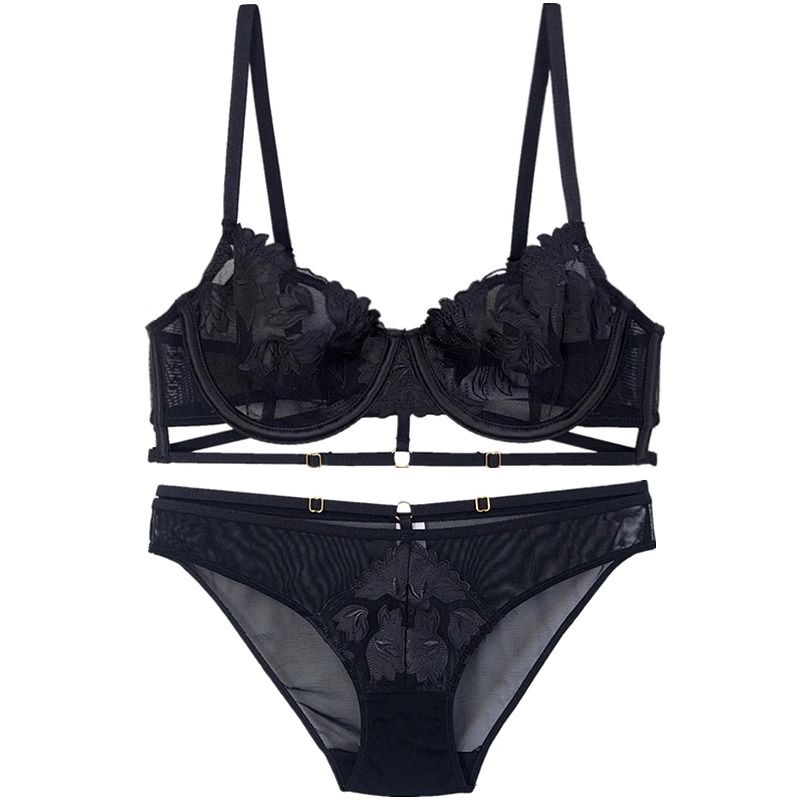 French Embroidered Mesh Lace-Up Ultra-Thin Push-Up Bra Set – Large Bust Minimizing, Soft Underwire