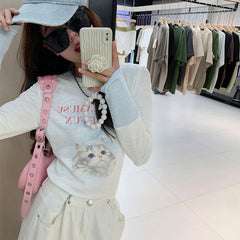 Cat Print Colorblock Long Sleeve T-Shirt – Slim Fit Cropped Tee for Women