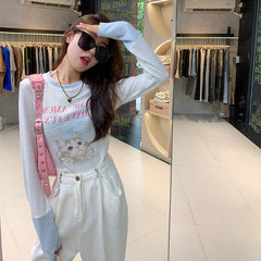 Cat Print Colorblock Long Sleeve T-Shirt – Slim Fit Cropped Tee for Women
