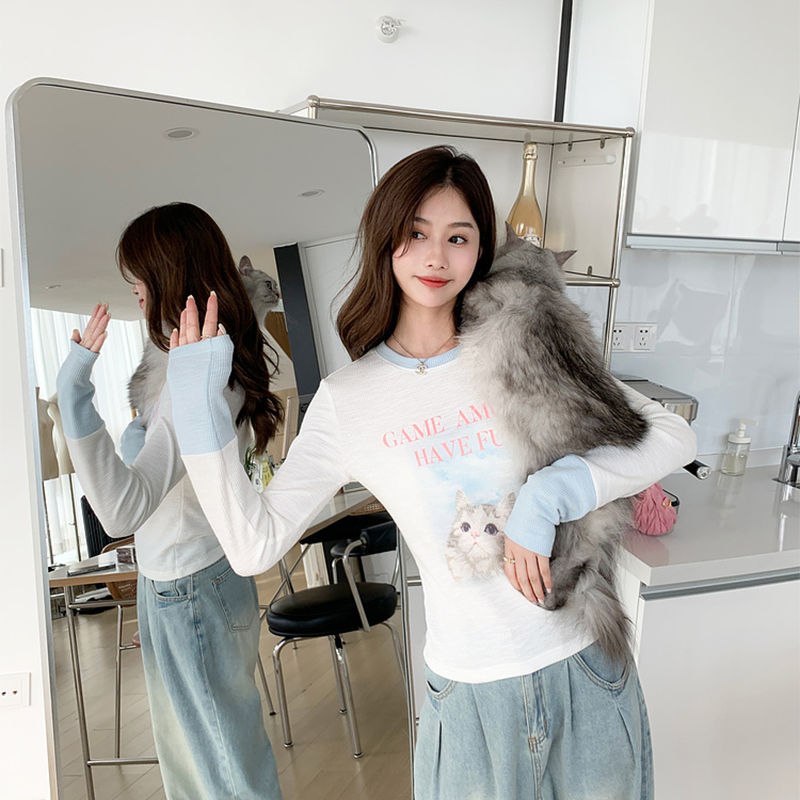 Cat Print Colorblock Long Sleeve T-Shirt – Slim Fit Cropped Tee for Women