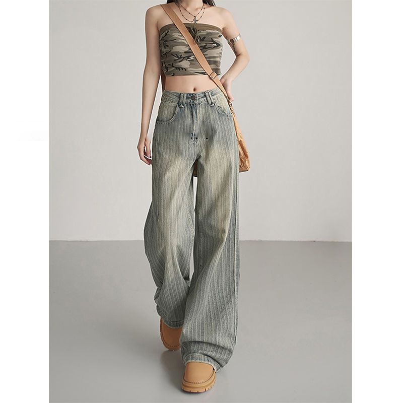 Vintage High-Waist Straight-Leg Jeans – Loose Fit Wide-Leg Stripe Design Slimming Denim Pants for Women