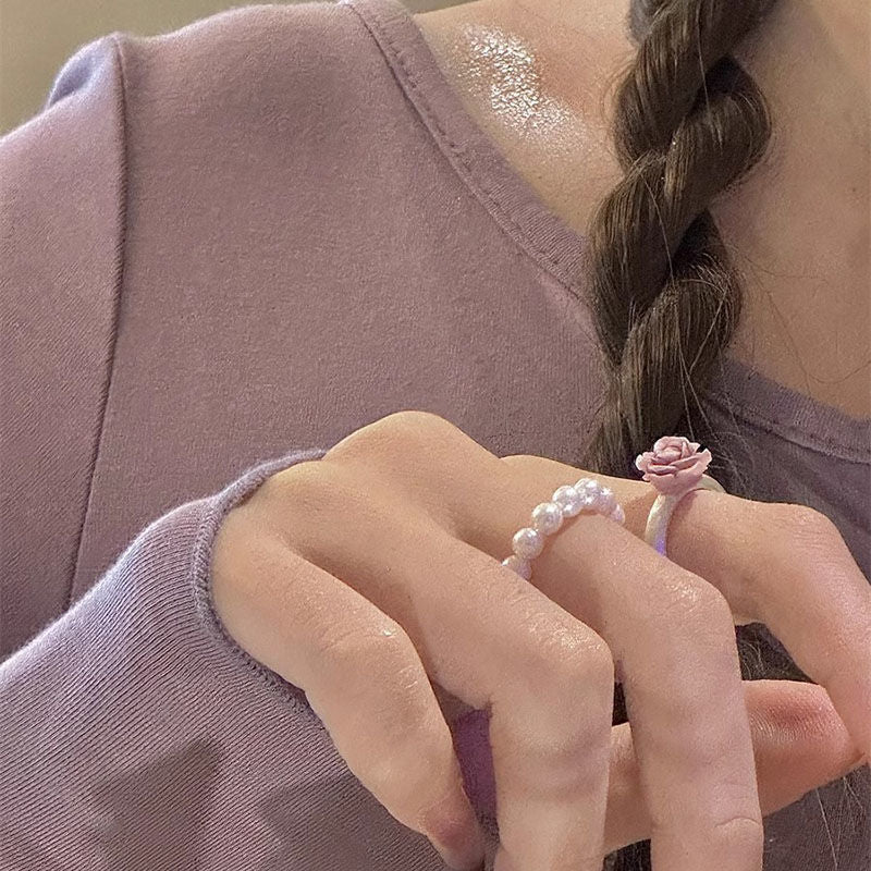 French Vintage Pearl Ring Set – Baroque Elastic Band, Adjustable Open Ring, Elegant Minimalist Design
