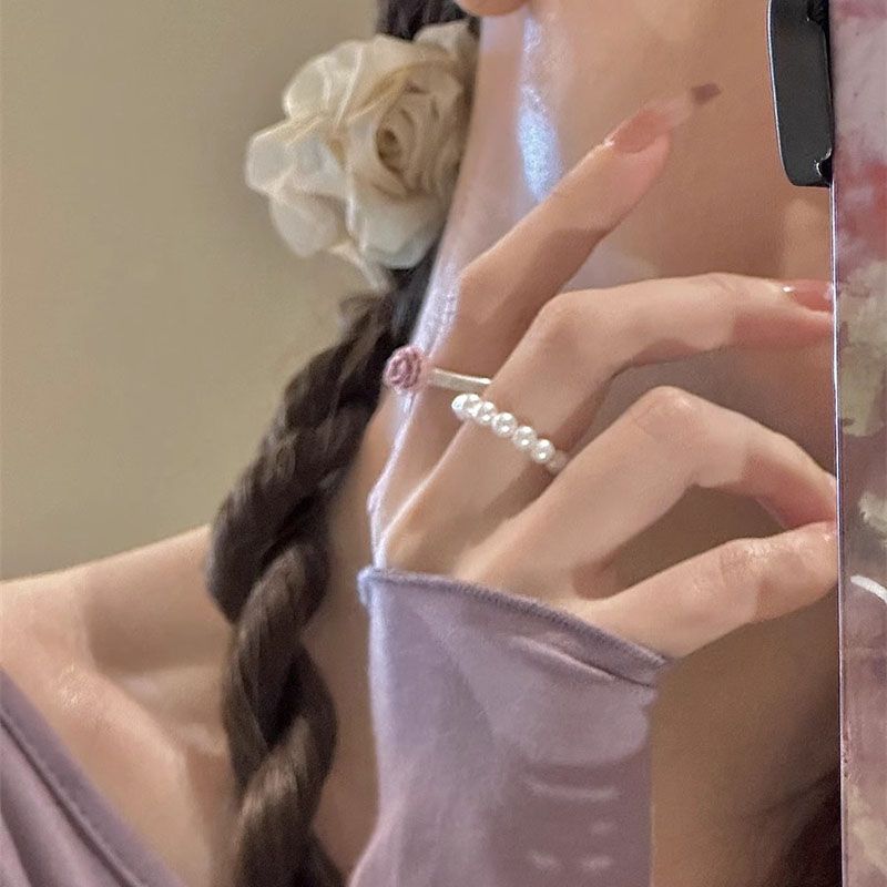 French Vintage Pearl Ring Set – Baroque Elastic Band, Adjustable Open Ring, Elegant Minimalist Design