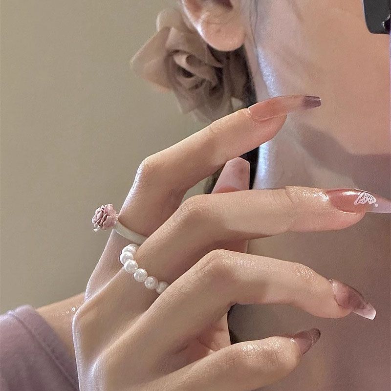 French Vintage Pearl Ring Set – Baroque Elastic Band, Adjustable Open Ring, Elegant Minimalist Design