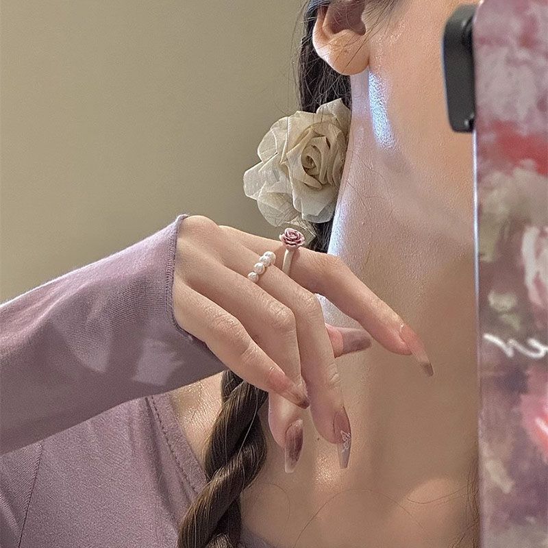French Vintage Pearl Ring Set – Baroque Elastic Band, Adjustable Open Ring, Elegant Minimalist Design