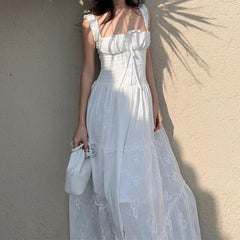 French-Style Square Neck Spaghetti Strap Dress – Sweet Ruffled Jacquard Long Dress for Women