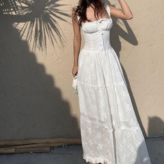 French-Style Square Neck Spaghetti Strap Dress – Sweet Ruffled Jacquard Long Dress for Women