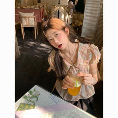 Plaid Doll Collar Blouse – Loose-Fit Vintage Short Sleeve Top for Women