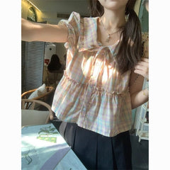 Plaid Doll Collar Blouse – Loose-Fit Vintage Short Sleeve Top for Women