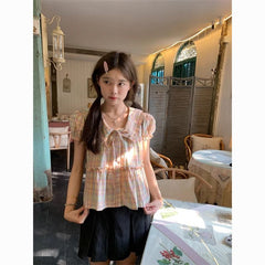 Plaid Doll Collar Blouse – Loose-Fit Vintage Short Sleeve Top for Women