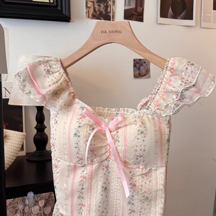 Sweet Style Ruffle Tie-Up Puff Sleeve Shirt –  Floral Square Neck Slim Camisole Top