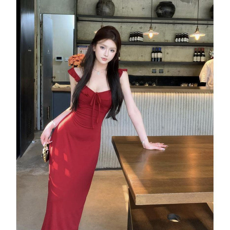 Wine Red Ruffle Tie-Strap Midi Dress – Pure Style A-Line Dress