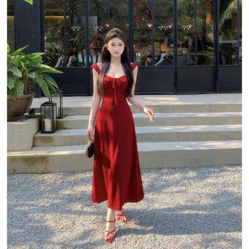 Wine Red Ruffle Tie-Strap Midi Dress – Pure Style A-Line Dress