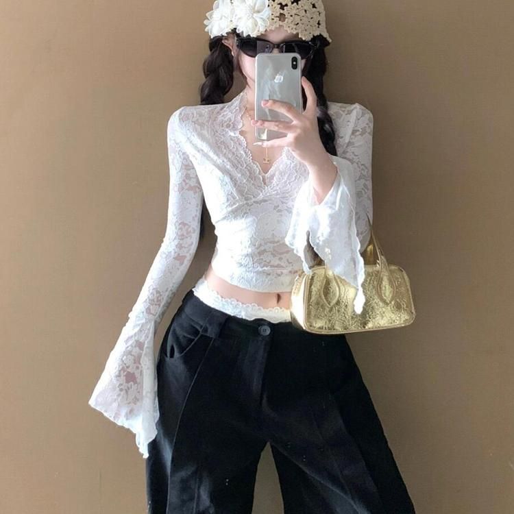 Layered French V-Neck Lace Trim Sheer Top – Chic Sexy Flared Sleeve Blouse