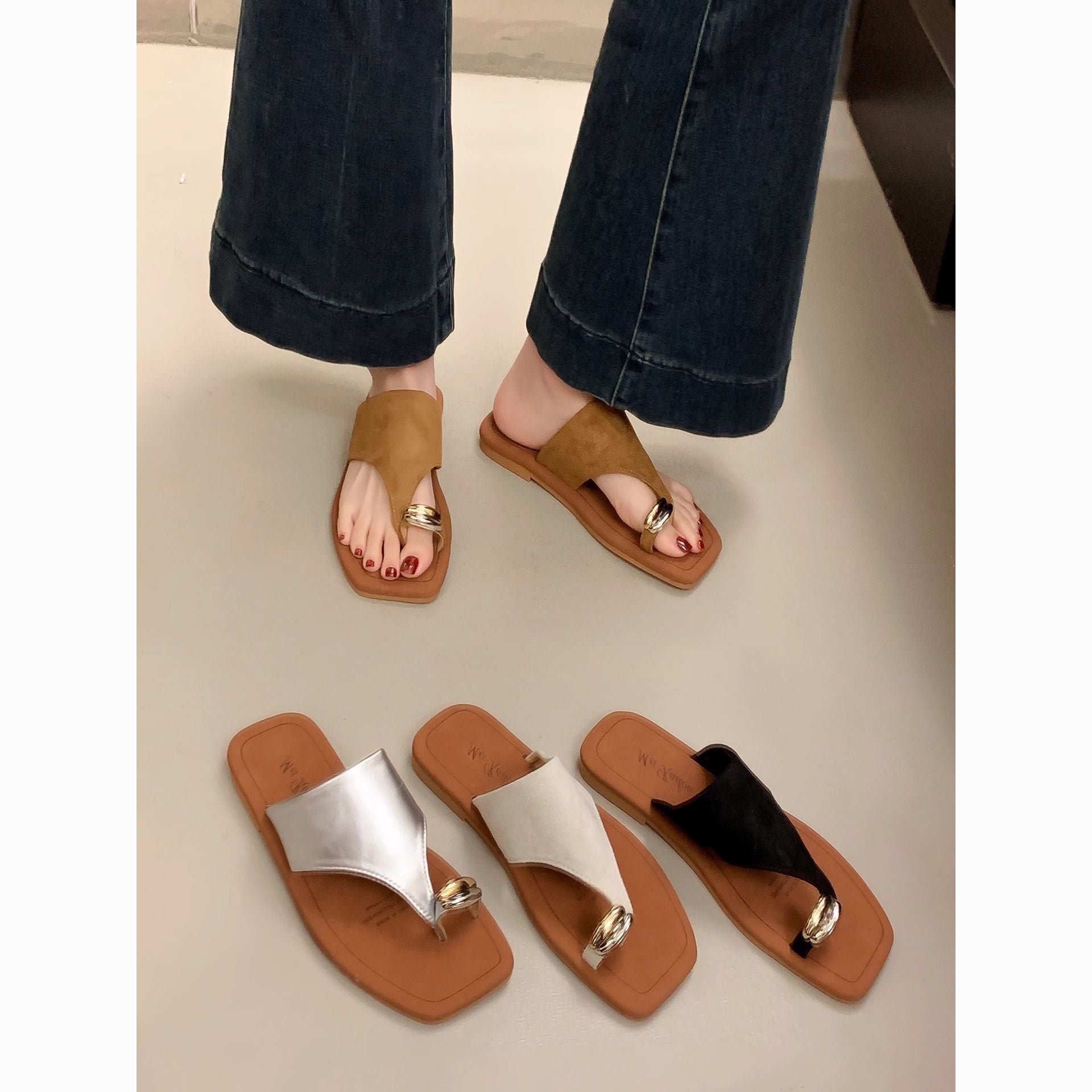 Elegant Toe Ring Flat Sandals – Fashion Casual Slip-On Beach Slides for Women