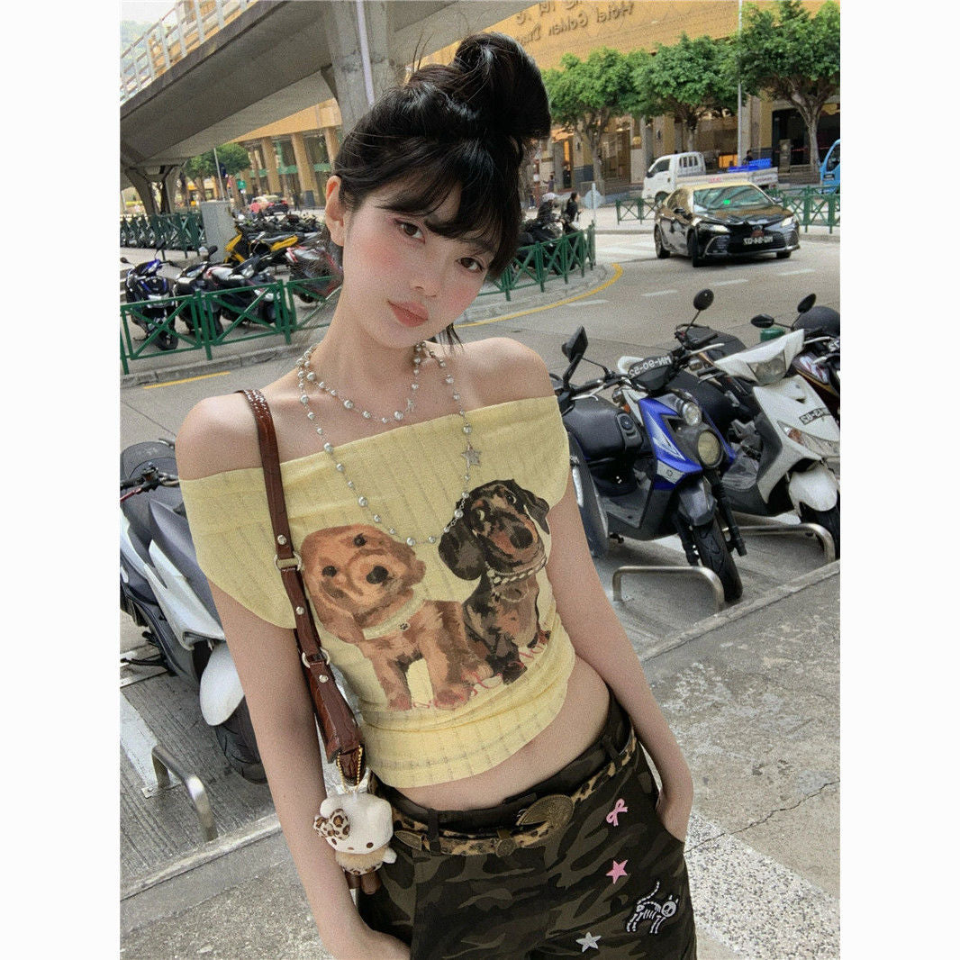 Retro Puppy Print Off-Shoulder T-Shirt – Women’s Vintage Two-Way Cute Streetwear Top