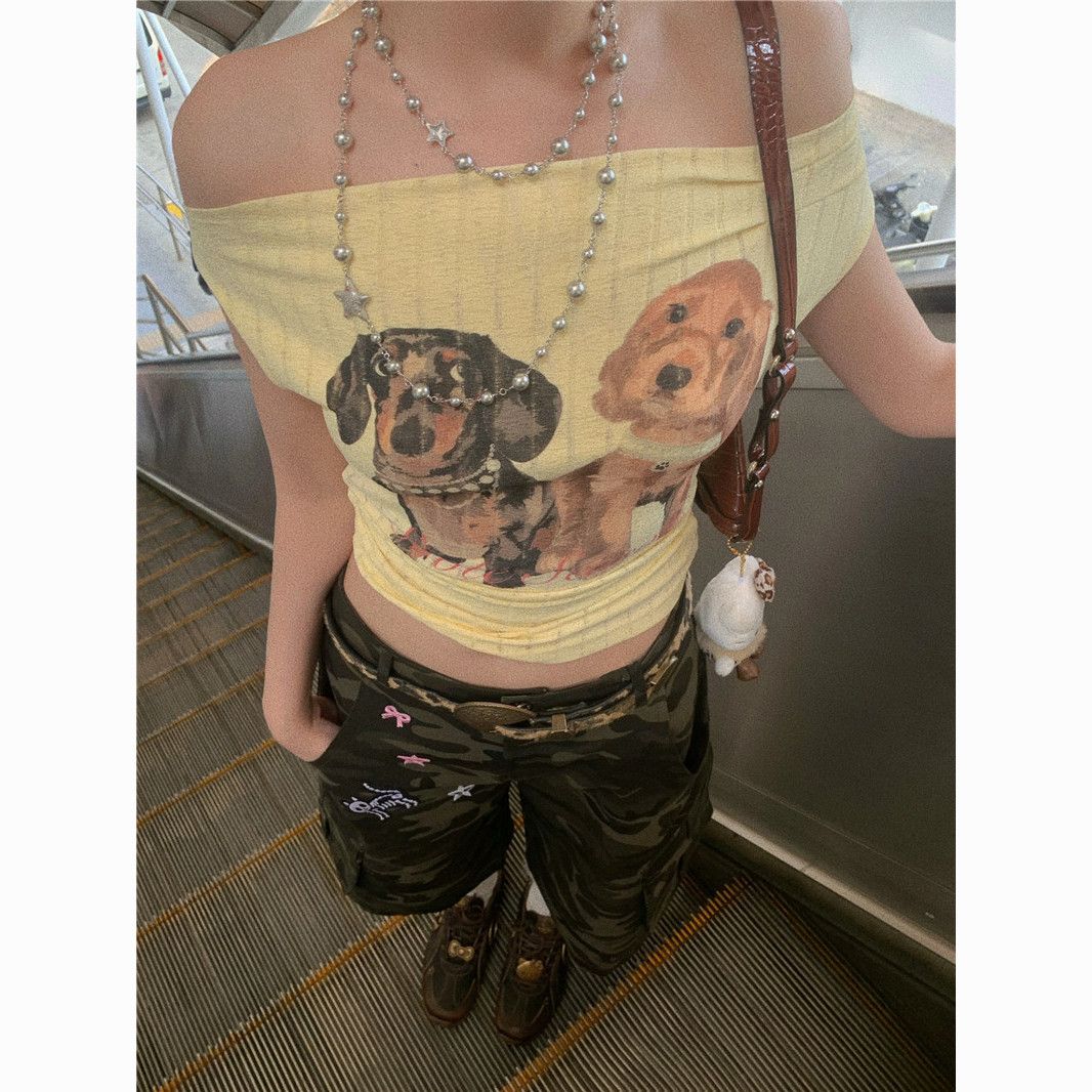 Retro Puppy Print Off-Shoulder T-Shirt – Women’s Vintage Two-Way Cute Streetwear Top
