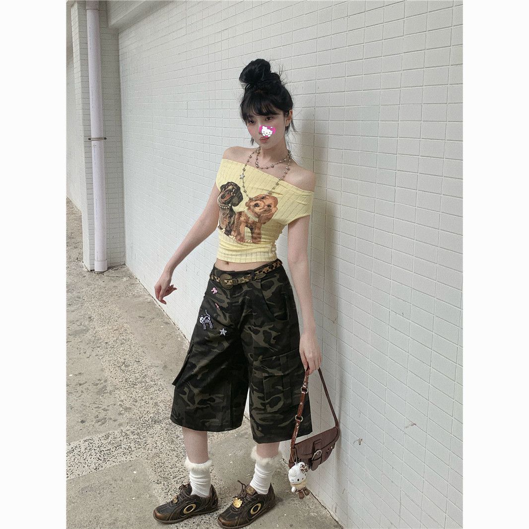 Retro Puppy Print Off-Shoulder T-Shirt – Women’s Vintage Two-Way Cute Streetwear Top