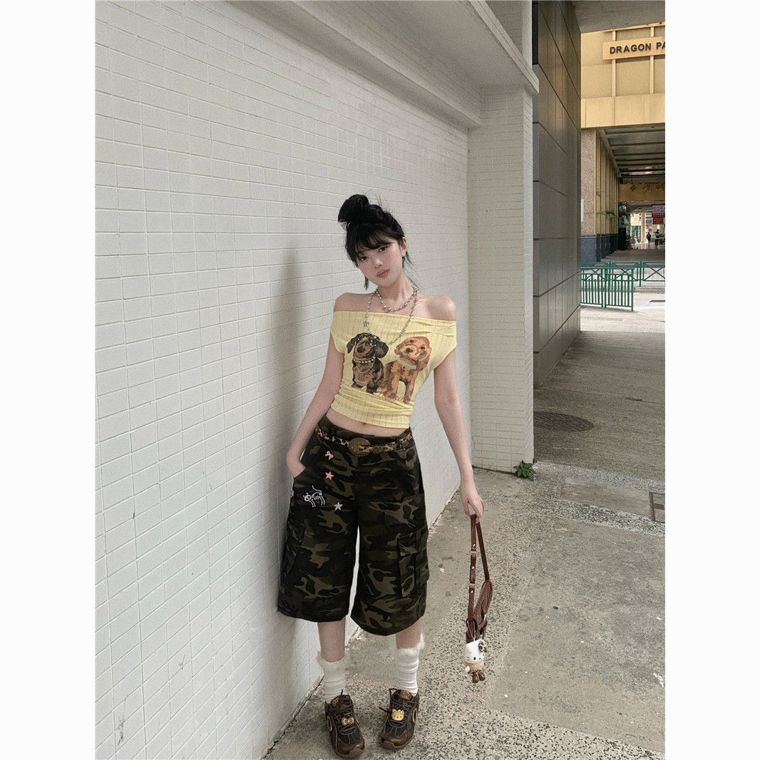 Retro Puppy Print Off-Shoulder T-Shirt – Women’s Vintage Two-Way Cute Streetwear Top