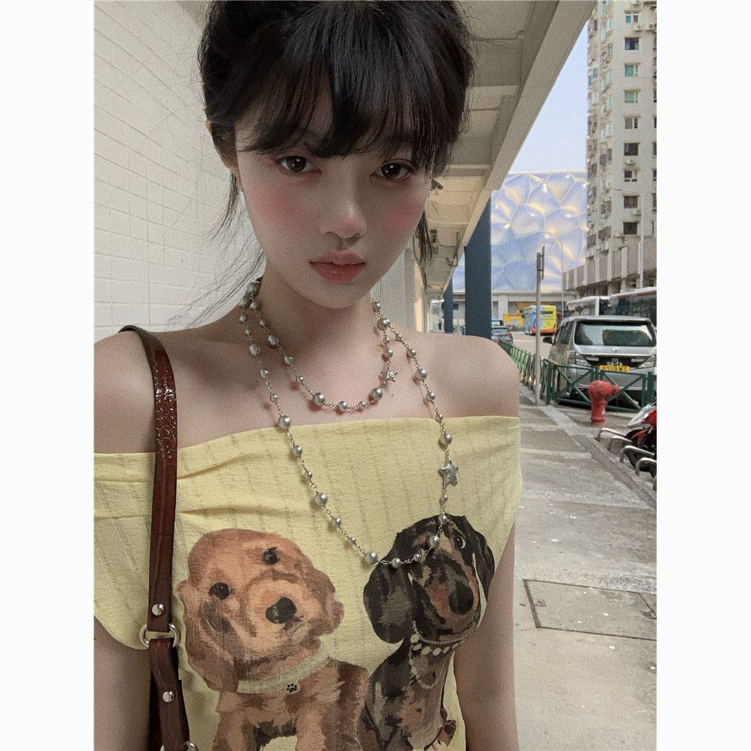 Retro Puppy Print Off-Shoulder T-Shirt – Women’s Vintage Two-Way Cute Streetwear Top