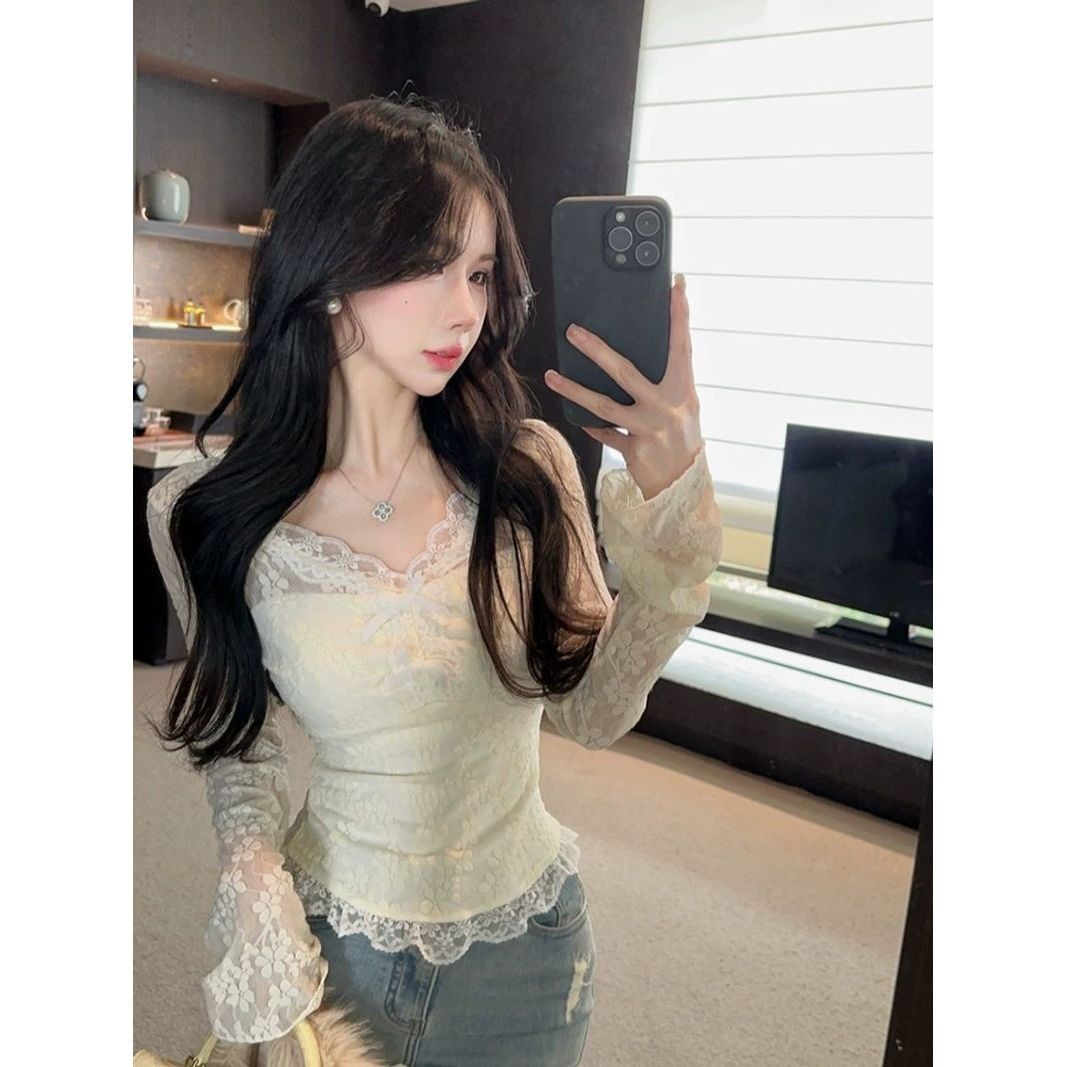 Lace Bow Long Sleeve Blouse – Women’s Slim-Fit Elegant Base Top