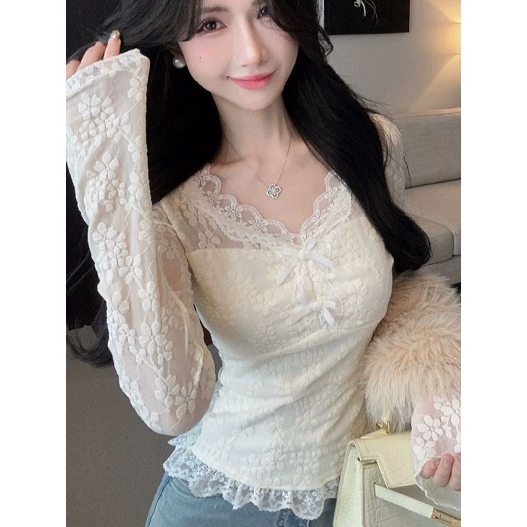 Lace Bow Long Sleeve Blouse – Women’s Slim-Fit Elegant Base Top