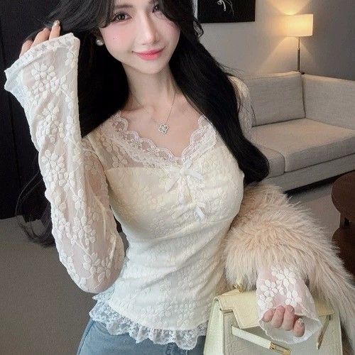 Lace Bow Long Sleeve Blouse – Women’s Slim-Fit Elegant Base Top