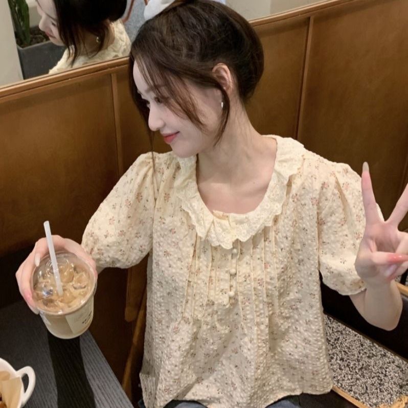 Korean Floral Doll Collar Blouse – Fresh Chiffon Ruffle Top