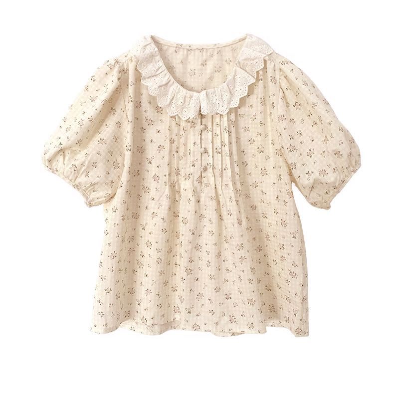 Korean Floral Doll Collar Blouse – Fresh Chiffon Ruffle Top