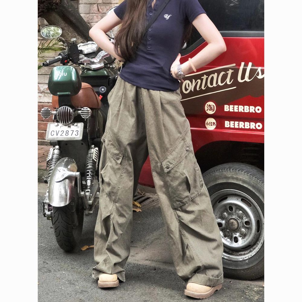 High Street Wide-Leg Cargo Jeans – Vintage Loose Fit Pants for Women