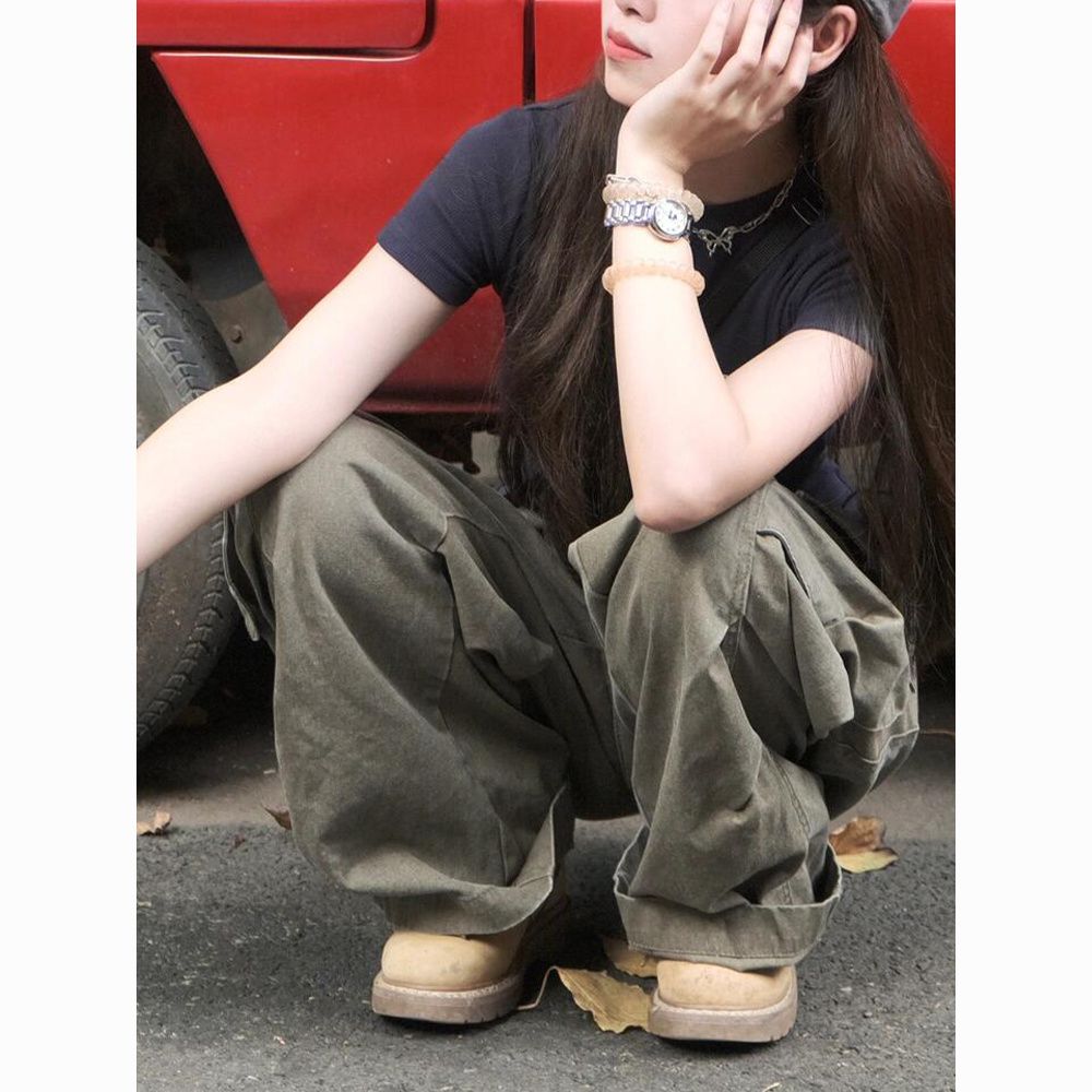 High Street Wide-Leg Cargo Jeans – Vintage Loose Fit Pants for Women