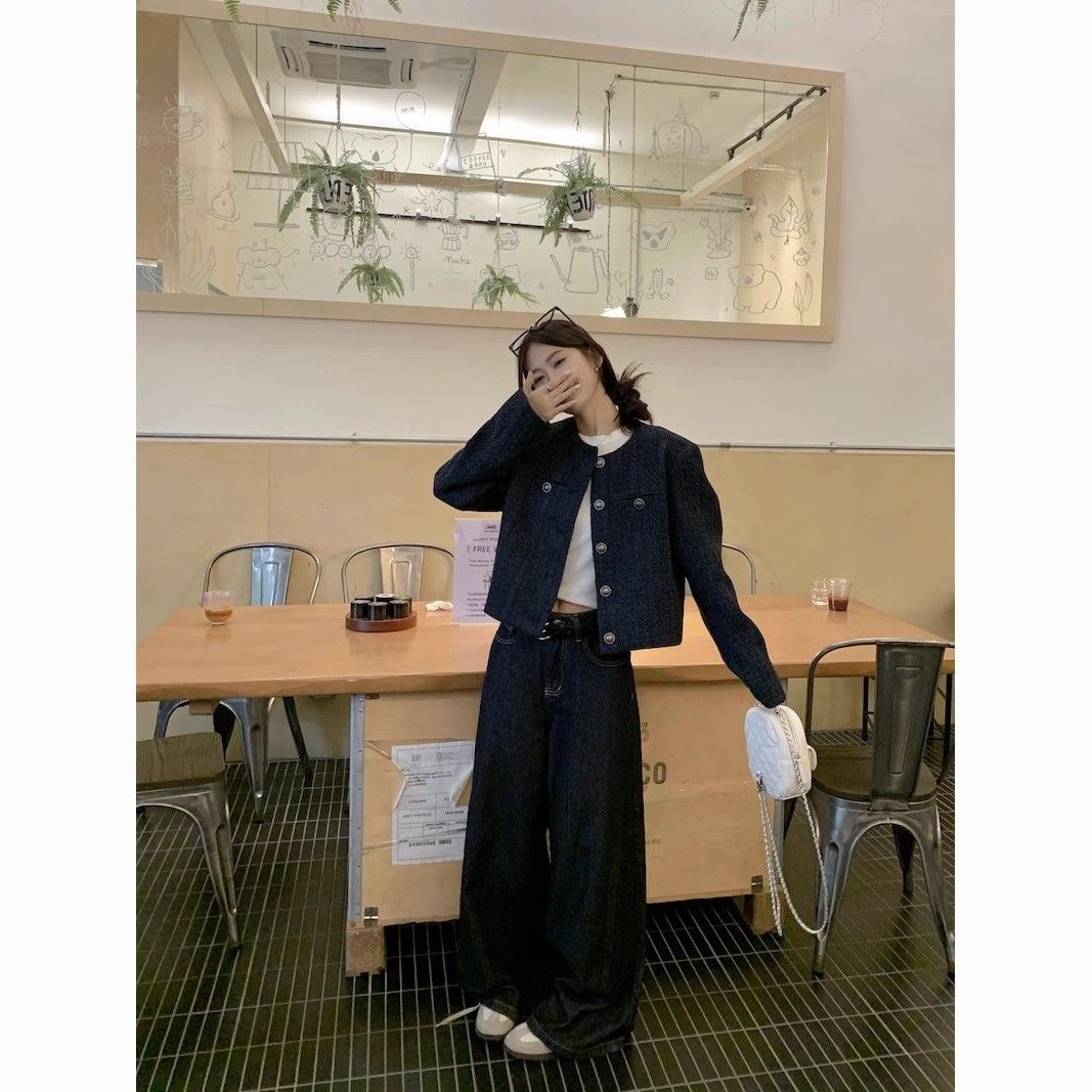 French Navy Blue Short Jacket – Elegant Tweed Style Round Neck Coat
