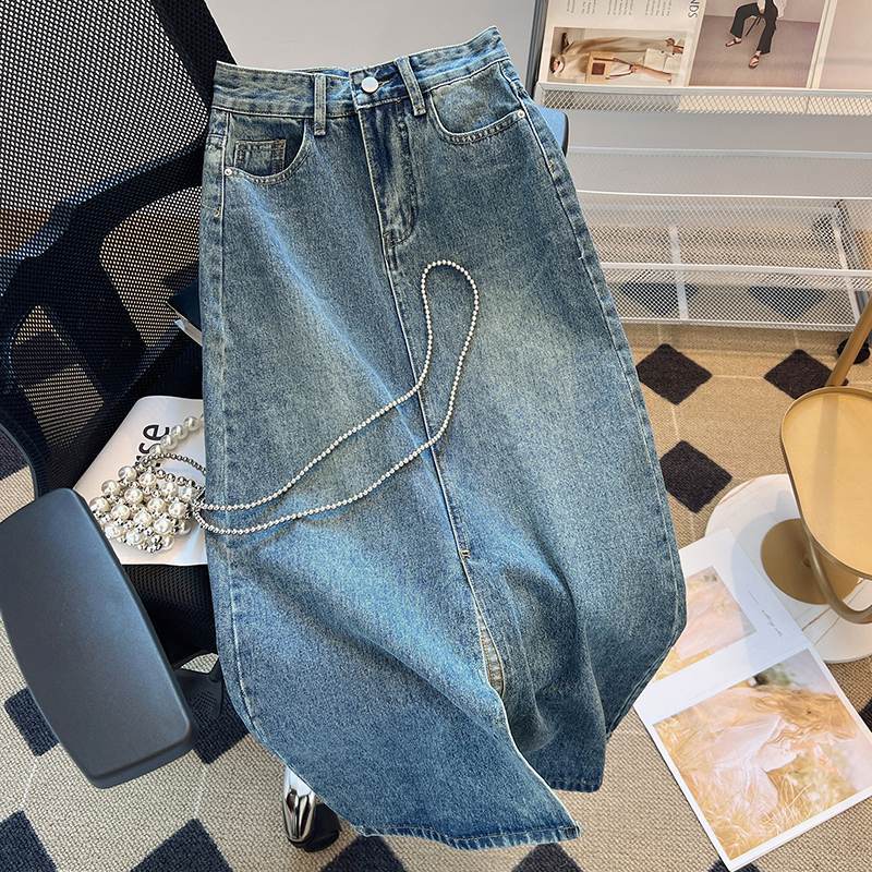 High-Waist Split Denim Skirt – Mid-Length A-Line Slim Fit Skirt for Women