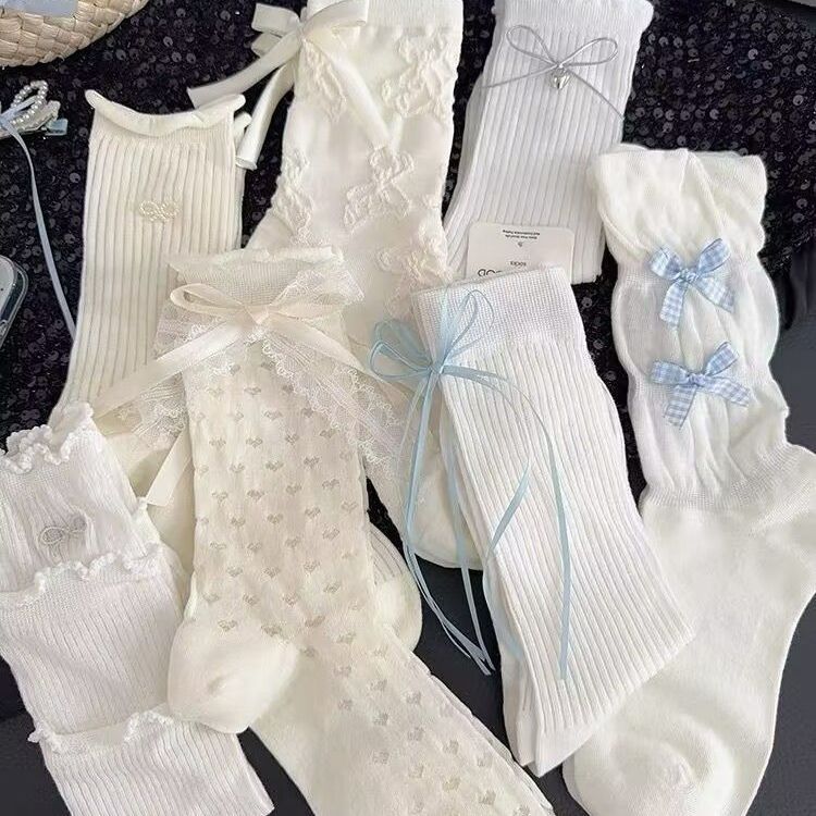 White Lace Bow Mid-Calf Socks – Sweet Fairy Style Long Socks for Women