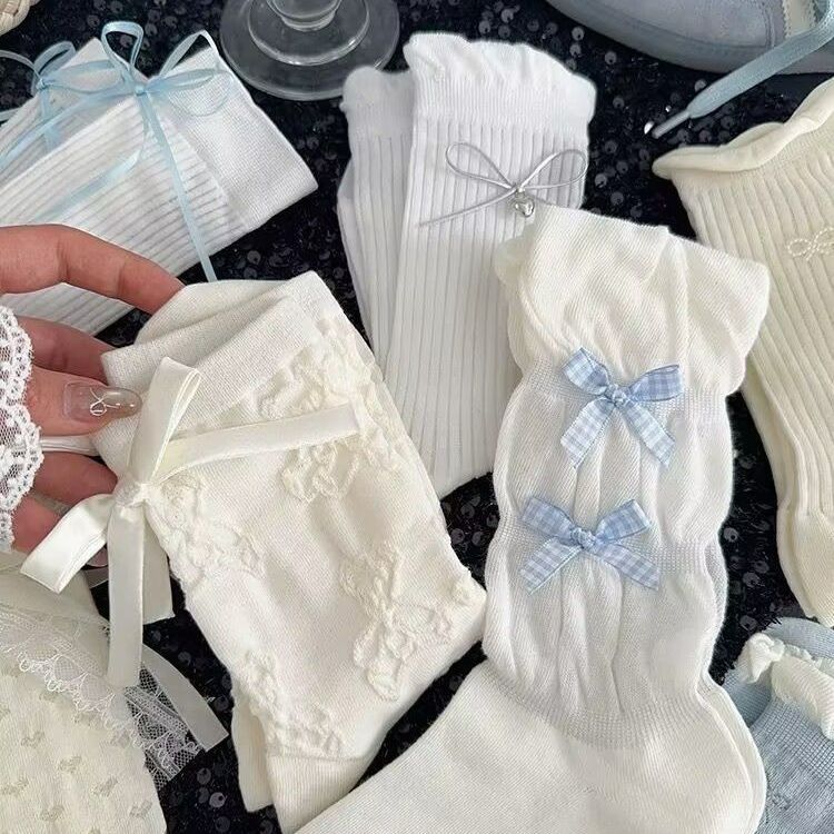 White Lace Bow Mid-Calf Socks – Sweet Fairy Style Long Socks for Women